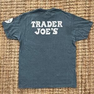 Trader Joe’s Graphic T Shirt Men’s L Blue Logo Back Print Cotton Blend EUC